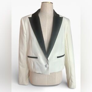 Jason Wu White Cropped Tuxedo Blazer Black Satin Lapel Formal Jacket Sz S